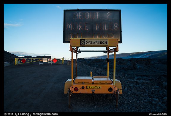 Sign and gate on emergency road, Kalapana. Big Island, Hawaii, USA (color)