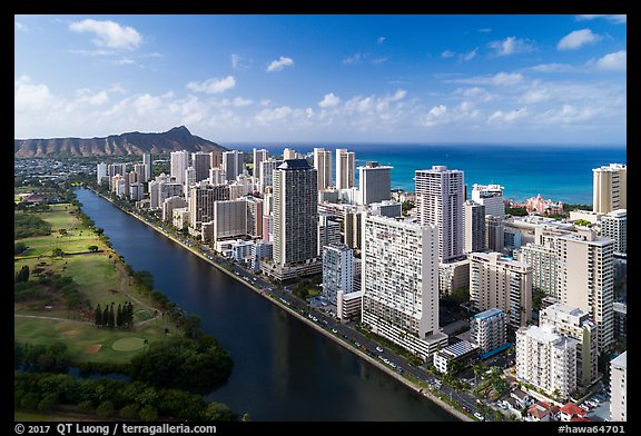 Aerial view of Ala Wai Canal, downtown Waikiki, and Waikiki Bay. Honolulu, Oahu island, Hawaii, USA (color)