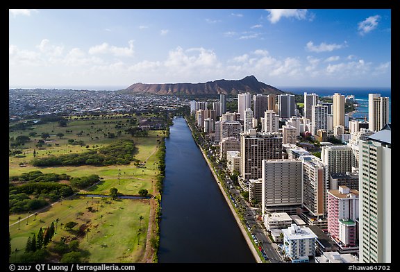 Aerial view of Ala Wai Canal and downtown Waikiki. Honolulu, Oahu island, Hawaii, USA (color)