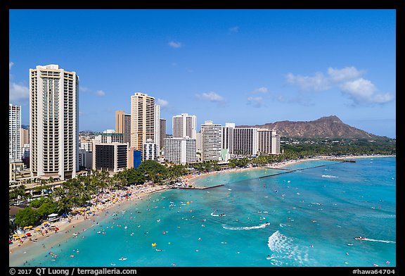 Aerial view of Waikiki Bay and Beach. Honolulu, Oahu island, Hawaii, USA (color)