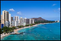 Aerial view of Kuhio Beach, Waikiki skyline and Diamond Head. Waikiki, Honolulu, Oahu island, Hawaii, USA ( color)