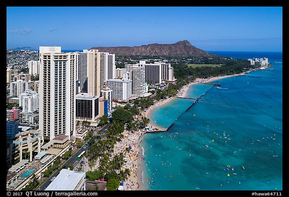 Aerial view of Waikiki Beach, skyline, and Diamond Head. Honolulu, Oahu island, Hawaii, USA (color)