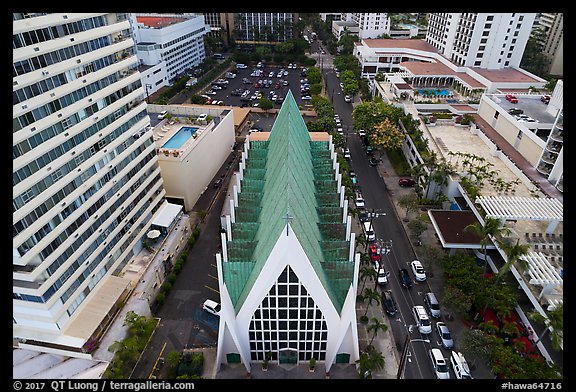 Aerial view of St Augustine Church, Waikiki. Waikiki, Honolulu, Oahu island, Hawaii, USA (color)