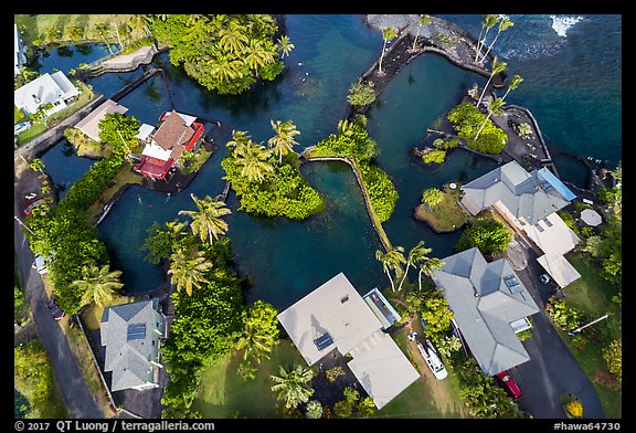 Aerial view of houses and Champagne Ponds. Big Island, Hawaii, USA (color)