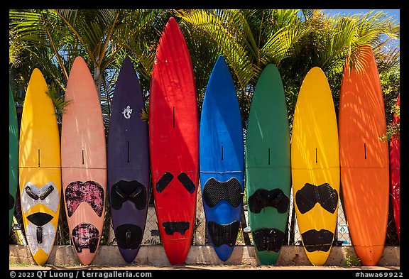 Brightly colored surfboards, Paia. Maui, Hawaii, USA (color)