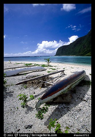 Traditional polynesian canoes near the Asaga Strait, Ofu Island. American Samoa (color)