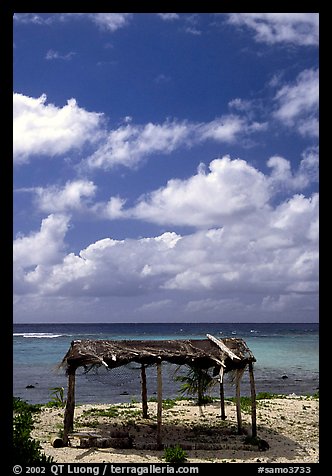 Beach fale near the Asaga Strait, Ofu Island. American Samoa (color)
