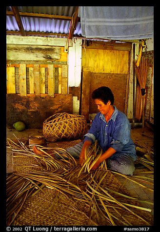 Woman weaving a toga (mat) out of pandamus leaves. American Samoa