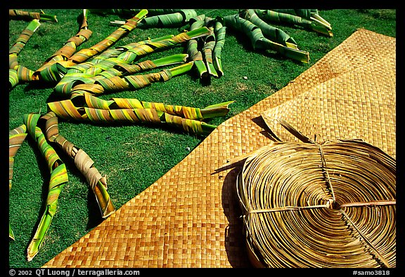 Pandanus leaves and a finished toga (mat) made out of it. American Samoa (color)