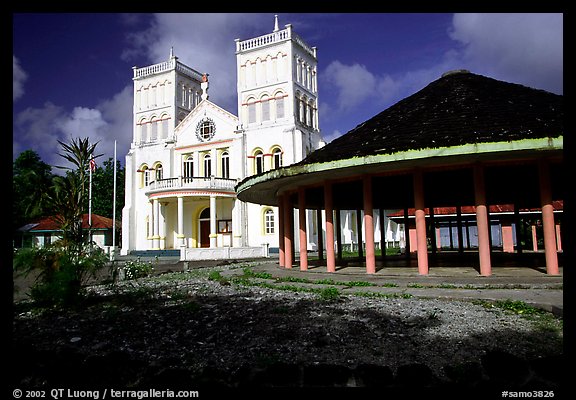 Church and fale in Leone. Tutuila, American Samoa