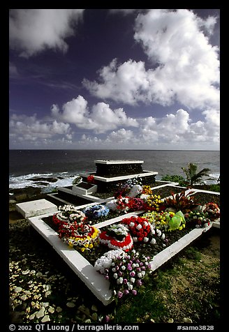 Tombs near the ocean in Vailoa. Tutuila, American Samoa (color)