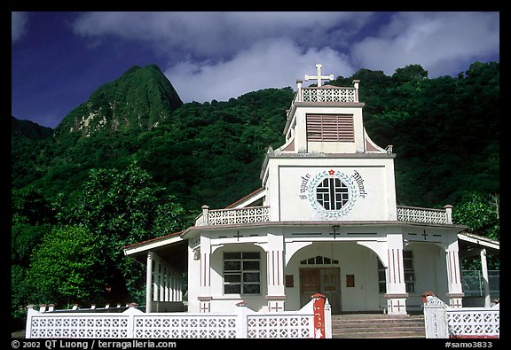 Church and verdant hills in Afono. Tutuila, American Samoa (color)