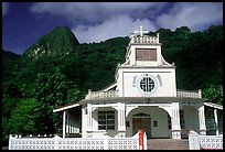Church and verdant hills in Afono. Tutuila, American Samoa (color)