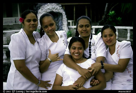Young women dressed in white for sunday church, Pago Pago. Pago Pago, Tutuila, American Samoa (color)