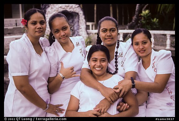 Young women dressed in white for sunday church, Pago Pago. Pago Pago, Tutuila, American Samoa