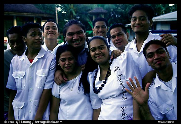 Group of Sunday churchgoers, all white-clad, Pago Pago. Pago Pago, Tutuila, American Samoa
