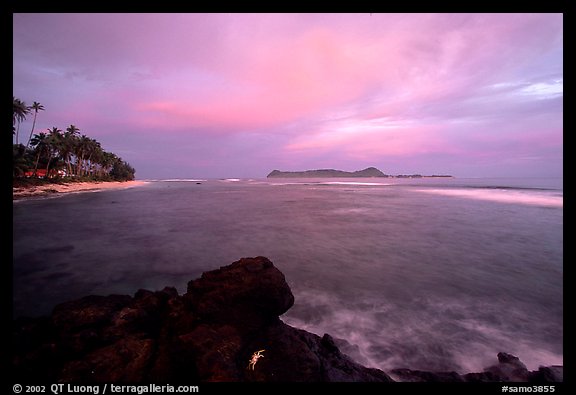 Sunset over Aunuu island with crab on basalt rock. Aunuu Island, American Samoa (color)