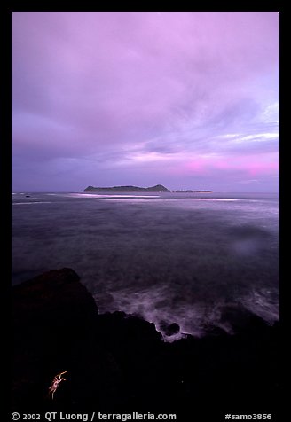 Sunset over Aunuu island with crab on basalt rock. Aunuu Island, American Samoa (color)