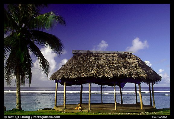 Beach fale with dog near Amouli. Tutuila, American Samoa (color)