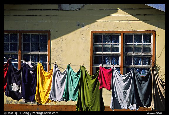 Laundry drying on clotheline in Tula. Tutuila, American Samoa