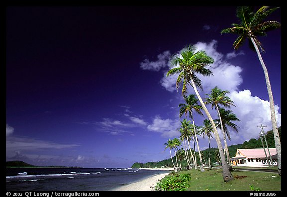 Palm-lined beach in village of Auasi. Tutuila, American Samoa (color)
