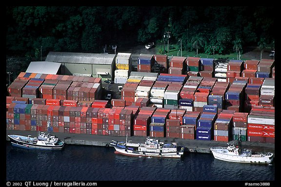 Containers in Pago Pago harbor. Pago Pago, Tutuila, American Samoa (color)