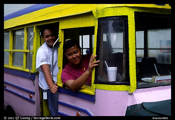 Women in a colorful bus. Pago Pago, Tutuila, American Samoa