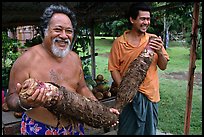 Islanders holding Taro roots in Iliili. Tutuila, American Samoa