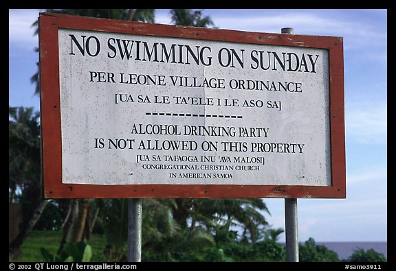 Sign prohibiting activities on Sunday. Tutuila, American Samoa (color)