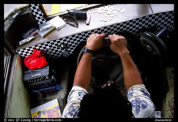 Aiga bus driver's seat and sound system. Pago Pago, Tutuila, American Samoa (color)