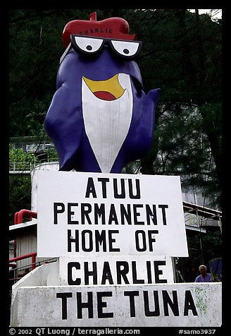 Statue of Charlie the Tuna. One third of the islanders work in tuna can factories.. Pago Pago, Tutuila, American Samoa (color)