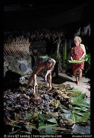 Candy Mann and Tisa Faamuli preparing Samoan Umu Feast. Tutuila, American Samoa (color)