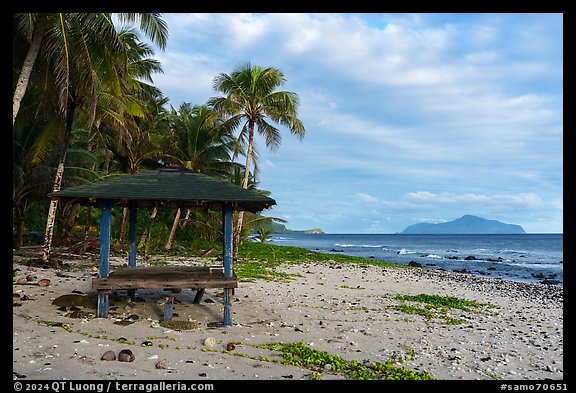 Beach shelter and Olosega Island, Tau Island. American Samoa (color)