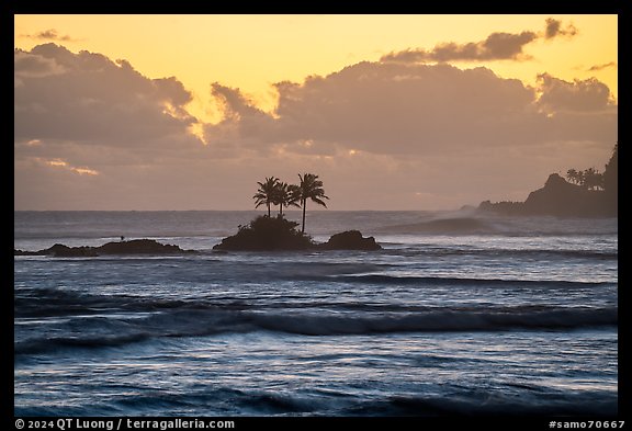 Surf, coastline and islets with palm trees, Afao. Tutuila, American Samoa (color)