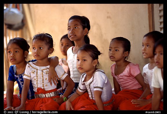 Girls learn traditional singing at  Apsara Arts  school. Phnom Penh, Cambodia (color)