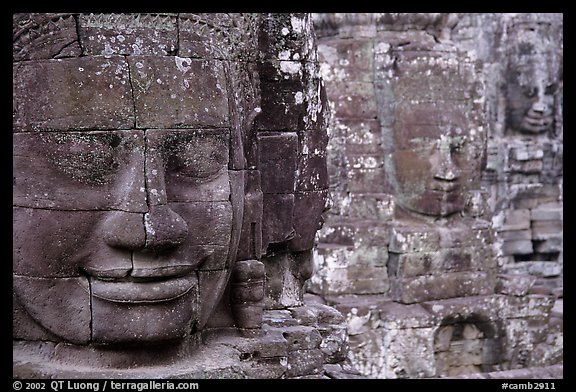 Serene and massive stone faces, the Bayon. Angkor, Cambodia