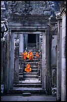 Buddhist monks in the Bayon. Angkor, Cambodia (color)