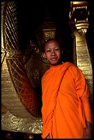 Buddhist novice monk, grinning because demonstrating ordained monks style of robe draping. Luang Prabang, Laos ( color)