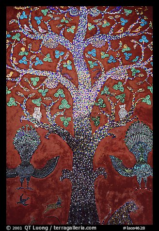 Mosaic of the tree of life on the Sim of Wat Xieng Thong. Luang Prabang, Laos (color)