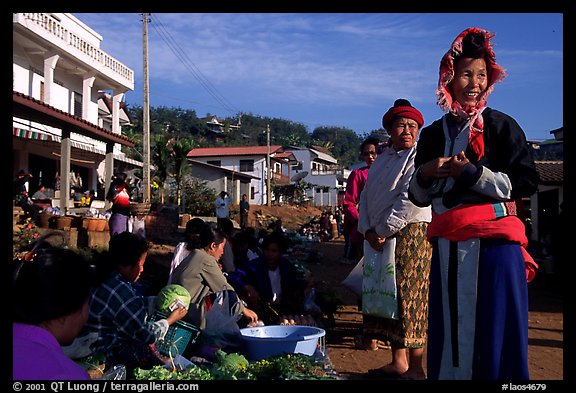 Women in tribal clothes at the Huay Xai market. Laos