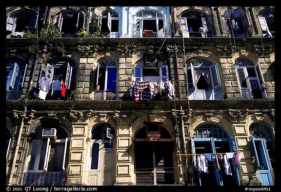 Facade of colonial-area building. Yangon, Myanmar (color)