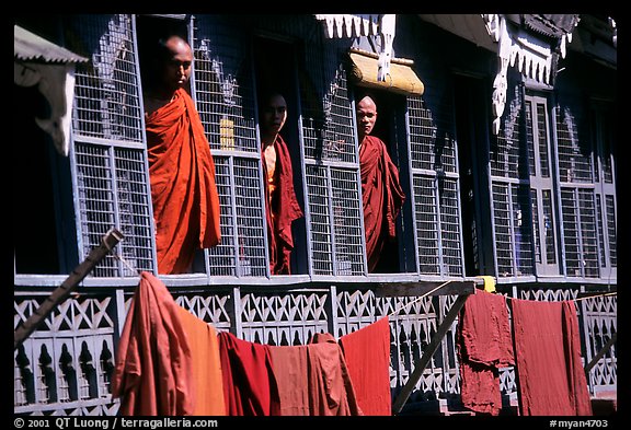 Monks in residential quarters, Shwedagon Paya. Yangon, Myanmar (color)