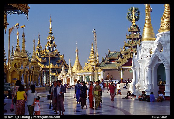 Walking on the platform, Shwedagon Paya. Yangon, Myanmar (color)