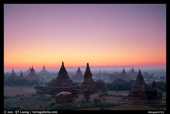 Sunrise over the plain doted with 2000 temples. Bagan, Myanmar (color)