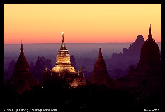 Illuminated pahto, sunrise. Bagan, Myanmar