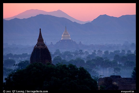 Dhammayazika Paya and mountains at dawn. Bagan, Myanmar (color)