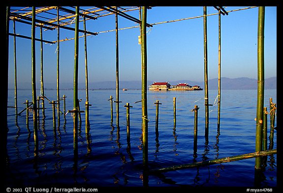 Stilts huts and temple. Inle Lake, Myanmar (color)