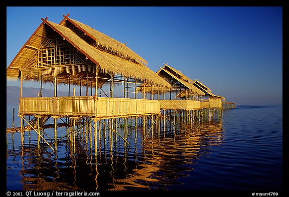 Huts on stilts in middle of lake. Inle Lake, Myanmar