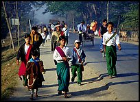 Walking on road near Swwenyaung. Shan state, Myanmar (color)