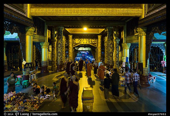 Eastern entrance corridor by night, Shwedagon Pagoda. Yangon, Myanmar